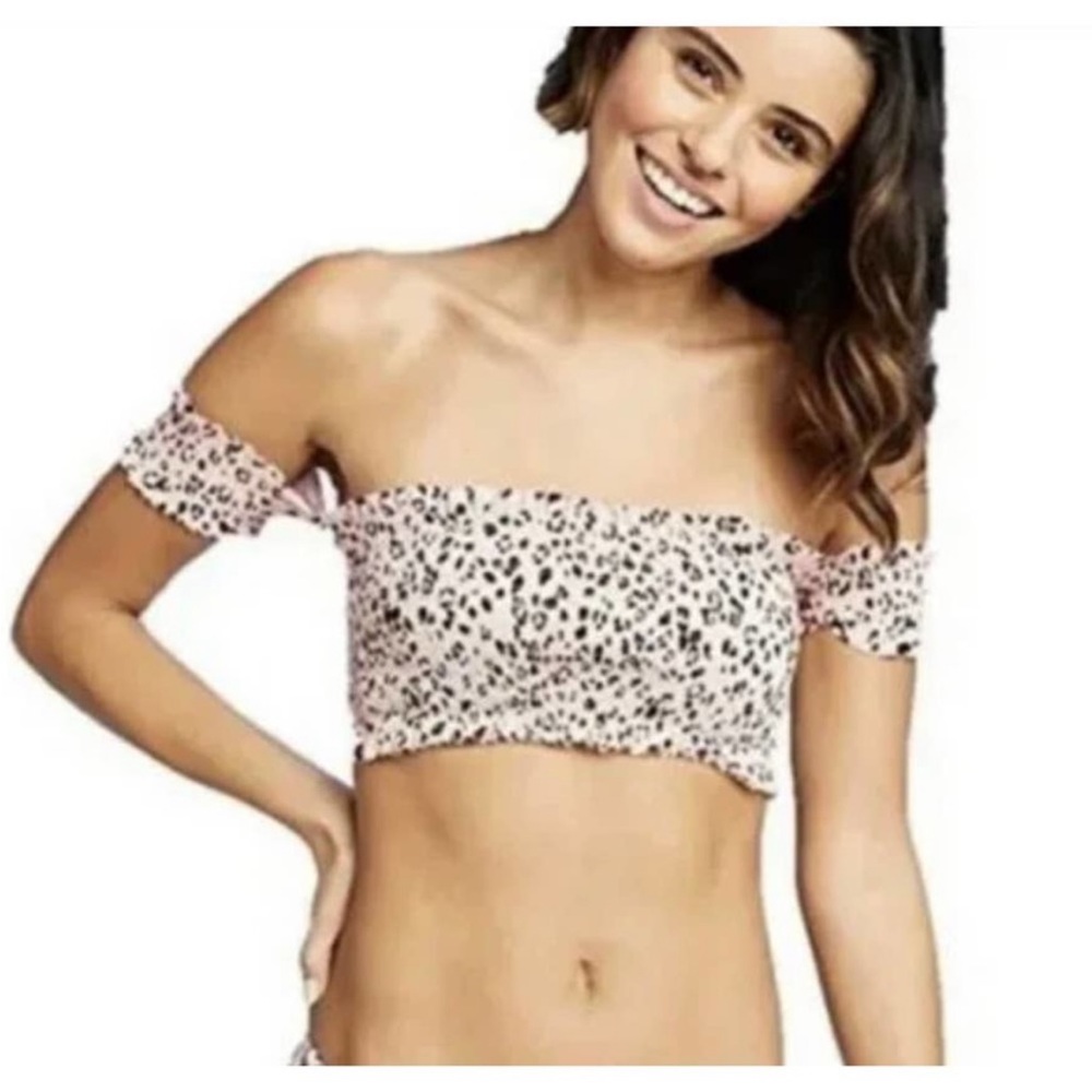 Xhilaration Smocked Off Shoulder Animal Leopard Print Swim Top Small